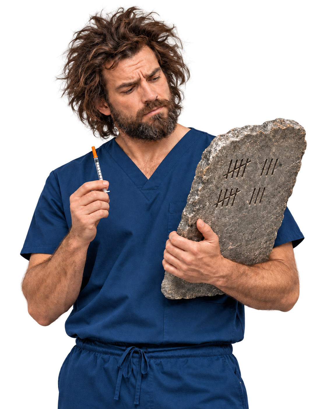 A playful clinician holding a stone tablet and a capped syringe